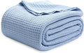 Bedsure 100% Cotton Blanket Queen Size for Bed - Breathable and Soft, Waffle Weave Blanket for Summer, Thick Cozy Fall Blankets for Women Gift, Sky Blue, 90x90 Inches
