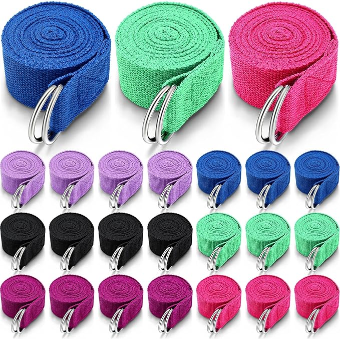 Leyndo 24 Pieces Yoga Strap Stretching Pilates Exercise Adjustable Straps 6 ft Non Elastic Yoga Belt with Adjustable D Ring Buckle for Pilates Gym Workouts Fitness
