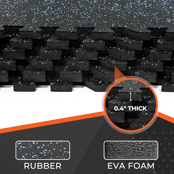 SUPERJARE 0.4'' Thick 12 Pcs 48 Sq Ft Rubber Top Exercise Equipment Mats, High Density EVA Foam Mats with Rubber Top, Interlocking Gym Flooring for Home Gym, Protective Workout Mat, Black/Blue