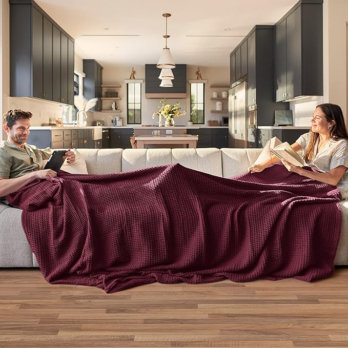 Bedsure 100% Cotton Blanket Queen Size for Bed - Breathable and Soft, Waffle Weave Blanket for Summer, Thick Cozy Fall Blankets for Women Gift, Red, 90x90 Inches