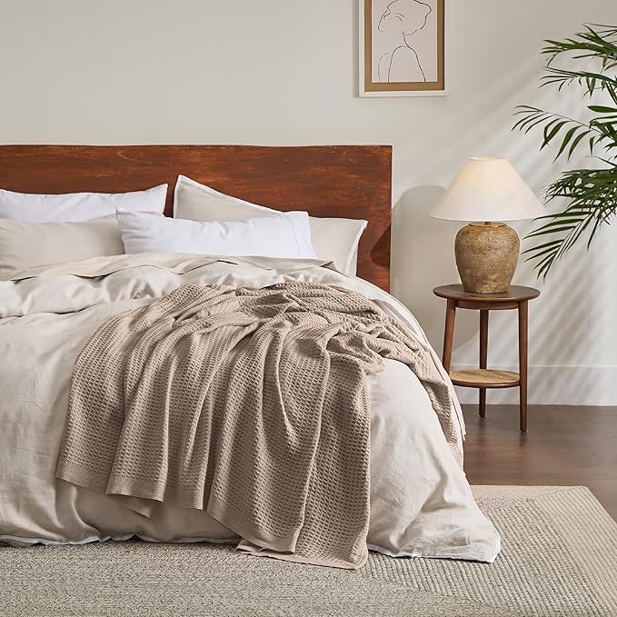 Bedsure 100% Cotton Large Throw Blanket for Couch 50x70 inches - Breathable and Soft, Waffle Weave Throw Blanket for Office, Taupe