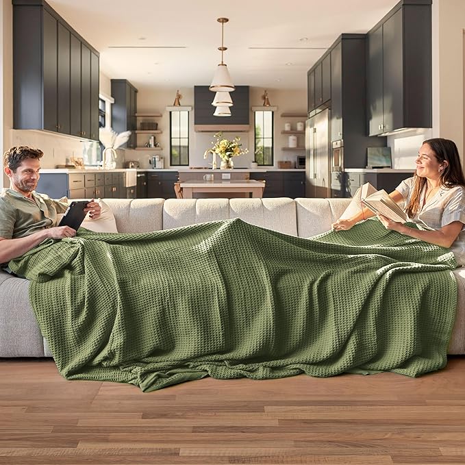Bedsure 100% Cotton Blanket Twin XL Size for College Dorm - Breathable and Soft, Waffle Weave Twin Blanket for Summer, Dorm Room Essentials, Olive Green, 66x90 inches