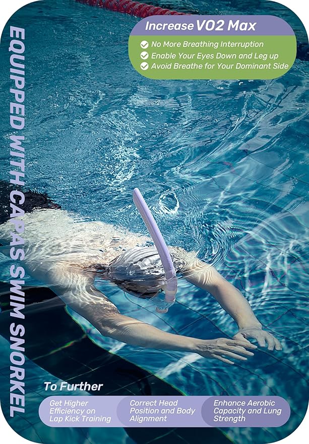 CAPAS Training Swim Snorkel for Lap Swimming, Swivel Headband Ultimate Fit Center-Mount Swimmers Snorkel with Liquid Silicone Mouthpiece Adjustable Strap, Designed for Adult Men Women