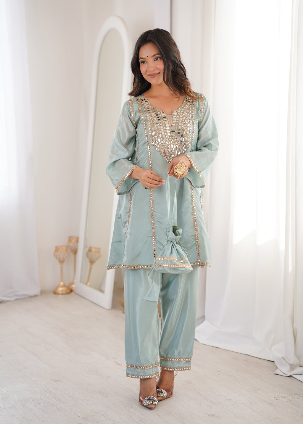 Lorenvalley Fashion Skyblue H O Silk with Real Mirror Embroidered work Kurta Pant with Batwa