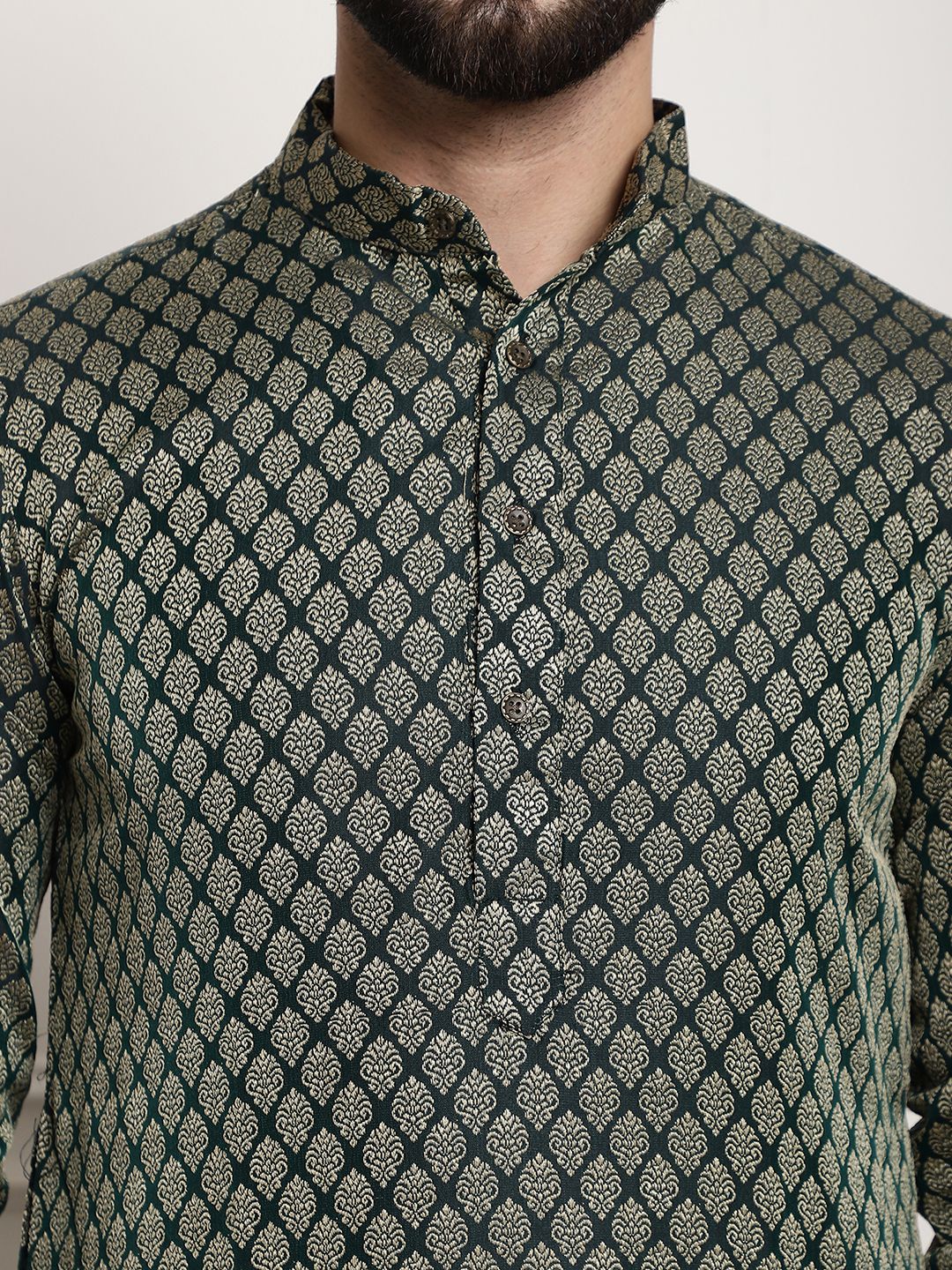 Sojanya Men Green & Off-White Woven Design Kurta with Churidar