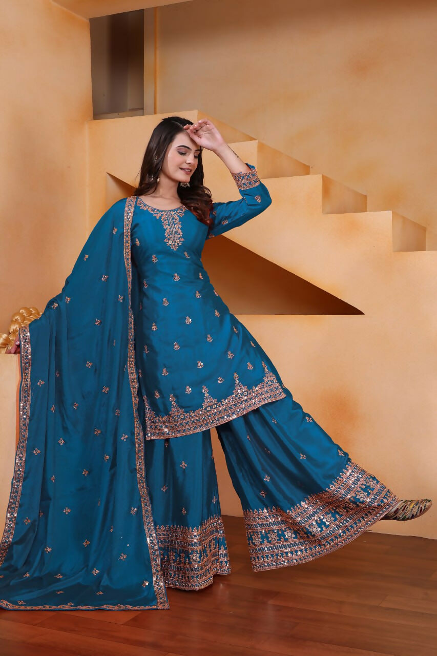 Joban Fashion Teal Silk Embroidered Sharara Set