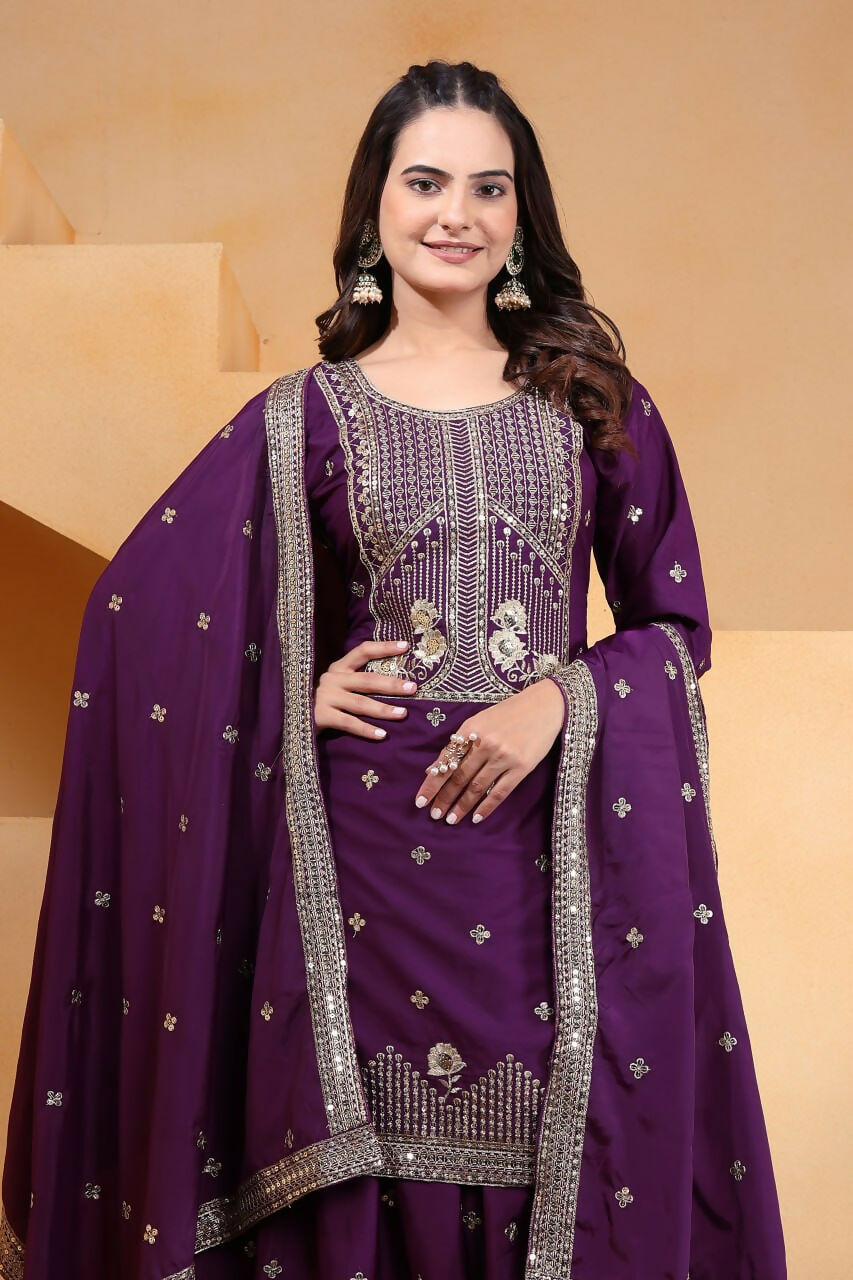 Joban Fashion Wine Crepe Embroidered Sharara Set
