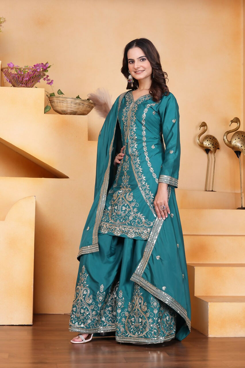 Teeya Creation Teal Color Natural Crepe Silk Wedding Wear Trending Palazzo Set