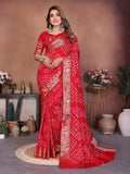 Aastha Fashion Red Pure Dola Silk Handmade Original Bandhej Saree