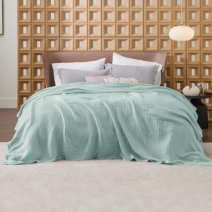 Bedsure 100% Cotton Blanket King Size for Bed - Breathable and Soft, Waffle Weave Blanket for Summer, Thick Cozy Fall Blankets for Women Gift, Mint, 104x90 inches