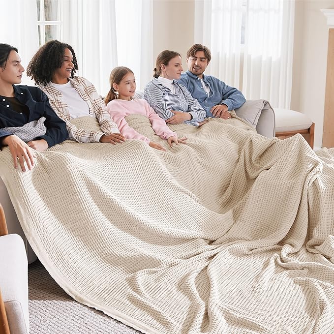 Bedsure 100% Cotton Large Blanket Oversized King for Bed - Breathable Thick Waffle Weave Blanket for Summer, Couch Cover, Khaki (a Little Bit Yellow), 120x94 inches