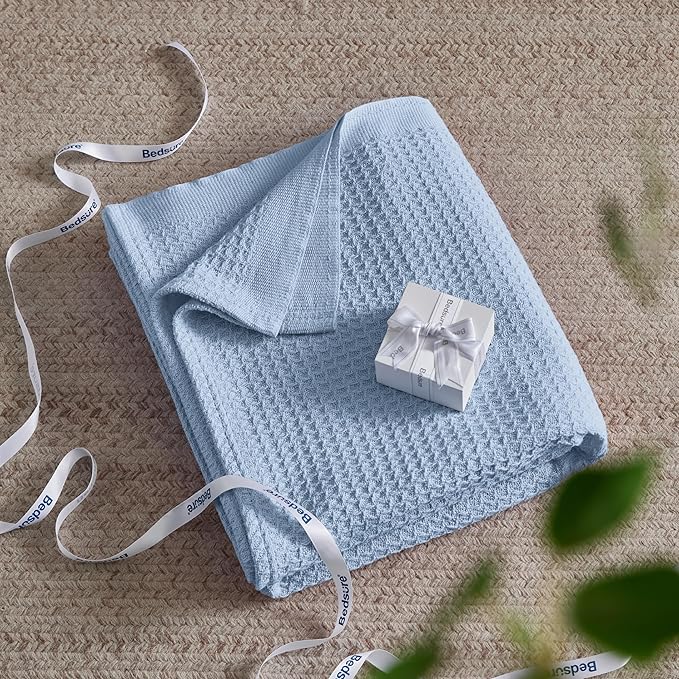Bedsure 100% Cotton Large Throw Blanket for Couch 50x70 inches - Breathable and Soft, Waffle Weave Throw Blanket for Office, Sky Blue
