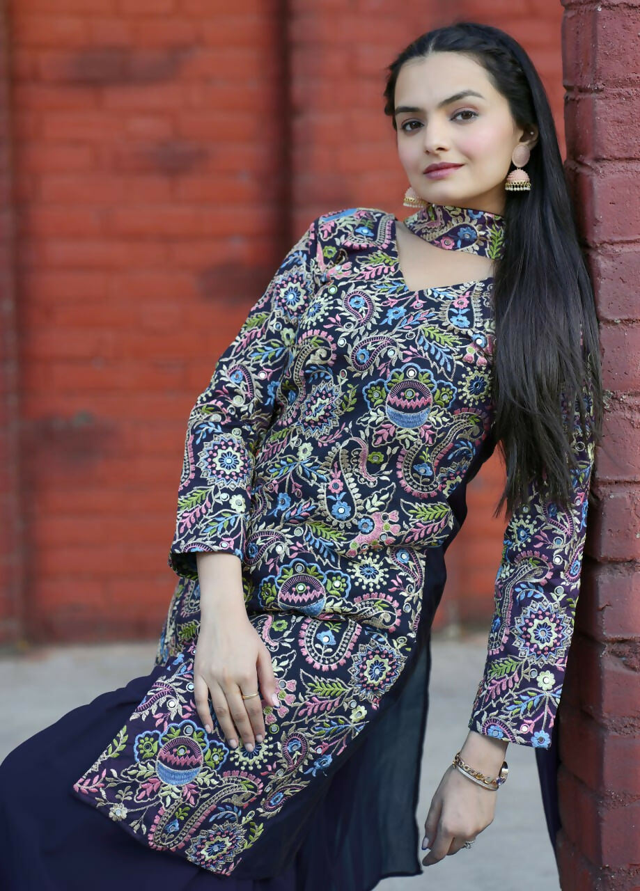 Joban Fashion Blue Silk Embroidered Sharara Set