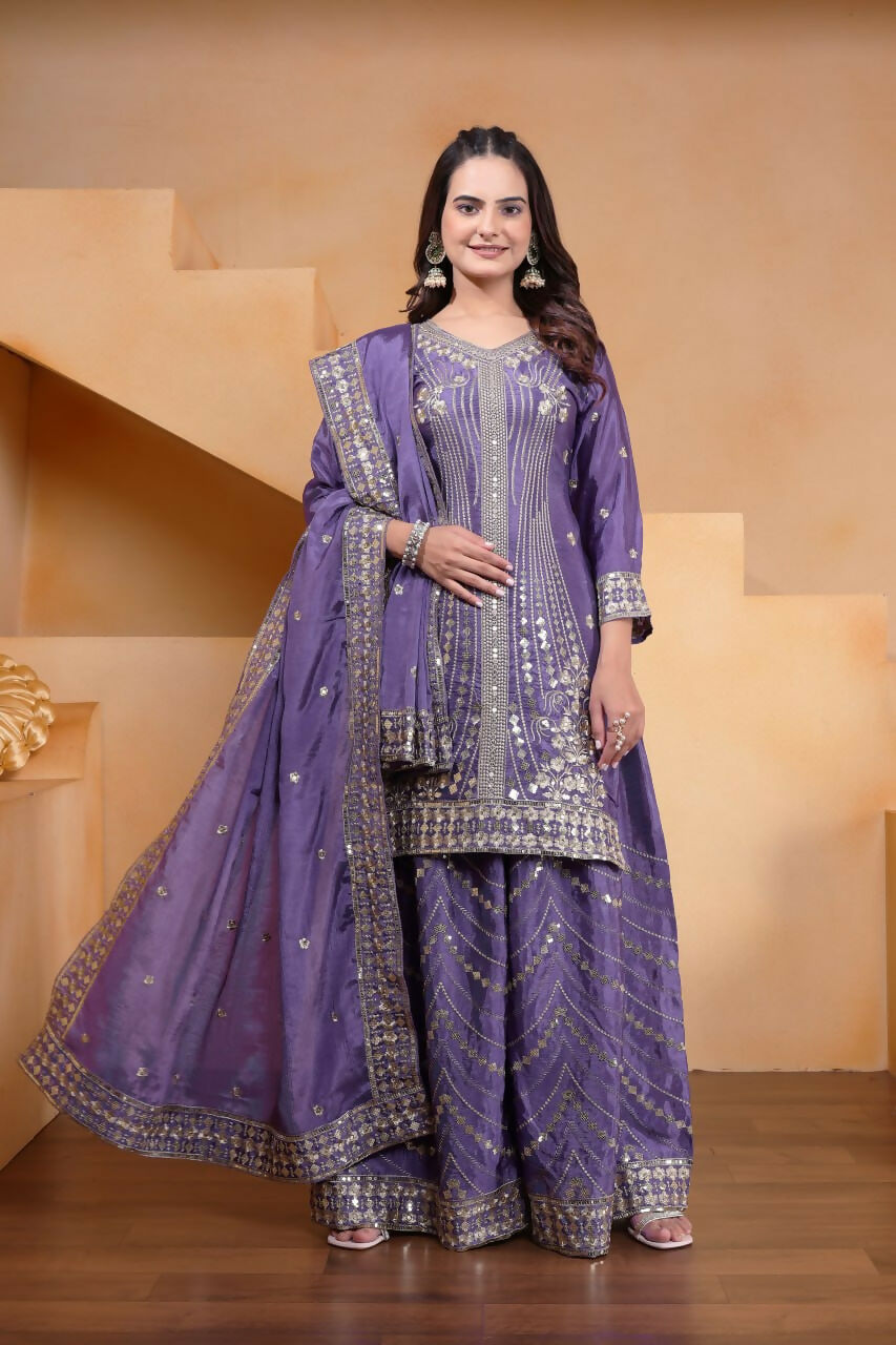 Joban Fashion Purple Silk Embroidered Sharara Set
