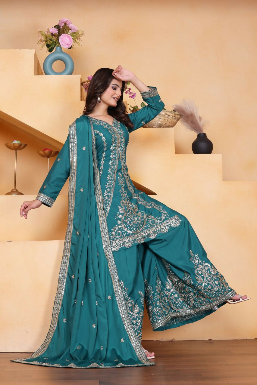 Joban Fashion Teal Crepe Embroidered Sharara Set