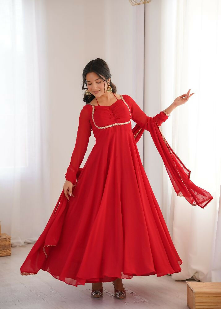 Teeya Creation Red Faux Georgette Designer Party Wear Long Gown