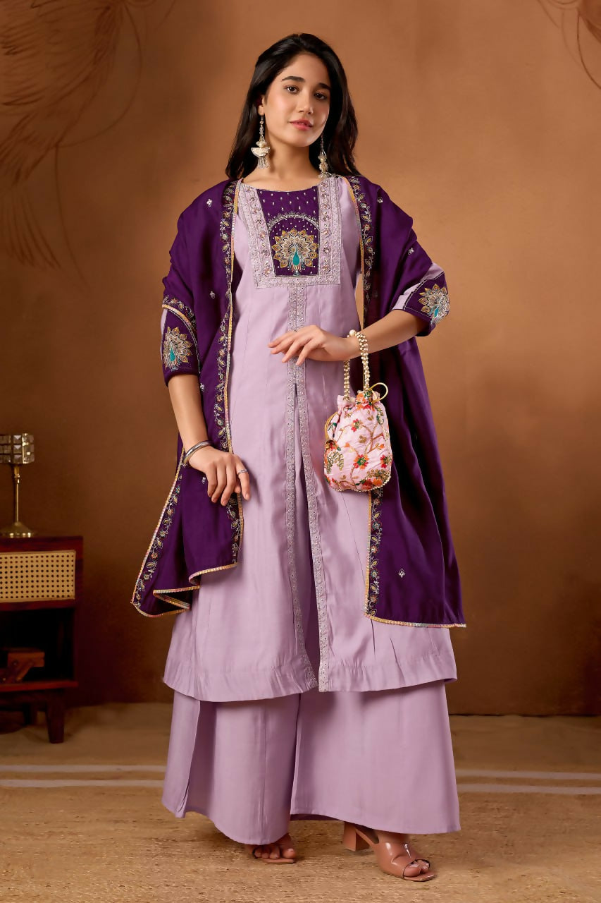 Lehenga Mart Designer Front-Slit Kurta, Paired With Wide-Leg Palazzo Pants And A Dupatta.-Lavender