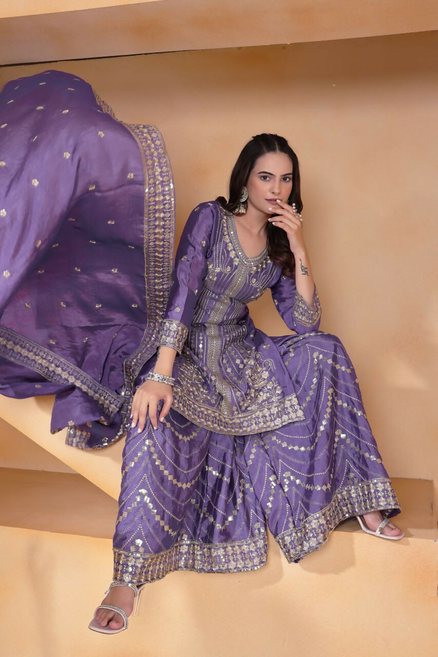 Teeya Creation Lavender Color Chinon Silk Wedding Wear Trending Palazzo Set
