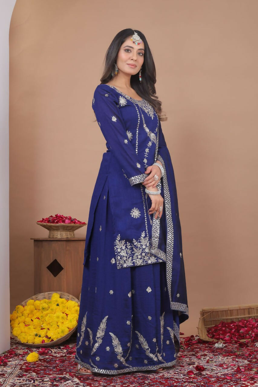 Teeya Creation Blue Color Vichitra Silk Embroidery Work Wedding Wear Palazzo Set