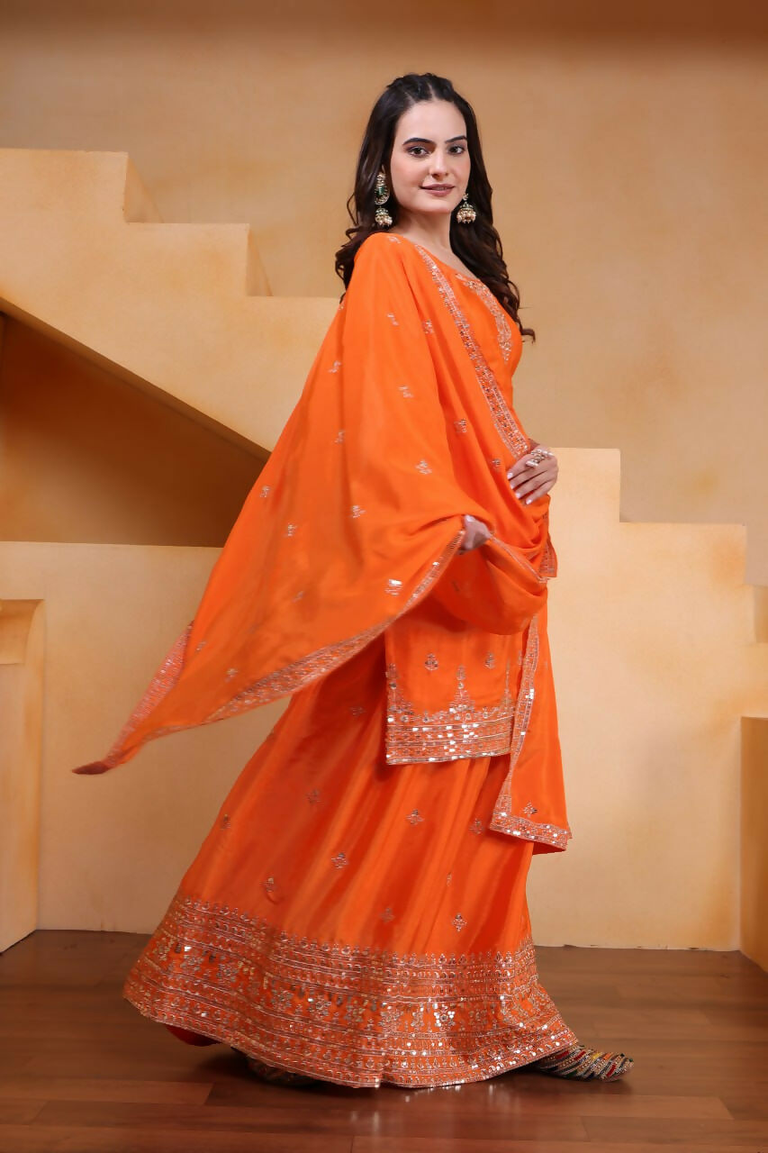 Teeya Creation Orange Color Chinon Silk Wedding Wear Trending Palazzo Set