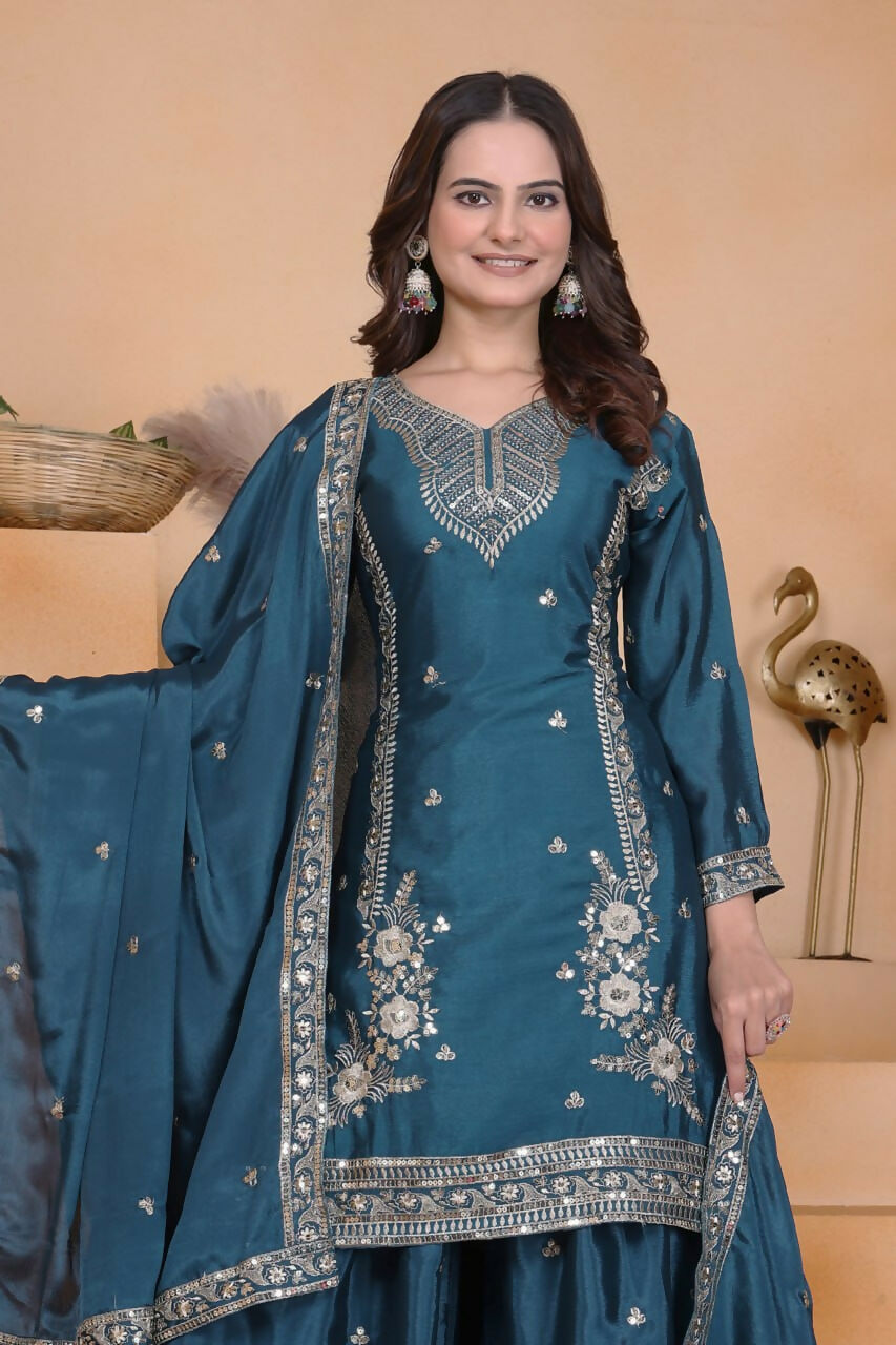 Teeya Creation Teal Color Chinon Silk Wedding Wear Trending Palazzo Set