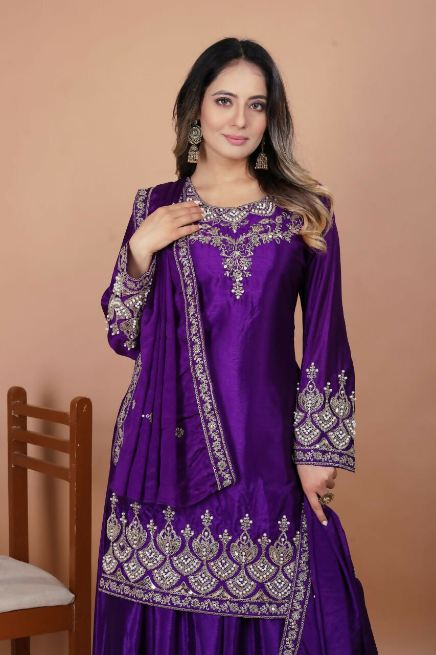 Teeya Creation Purple Chinon Embroidery Work Party Wear Palazzo Suit