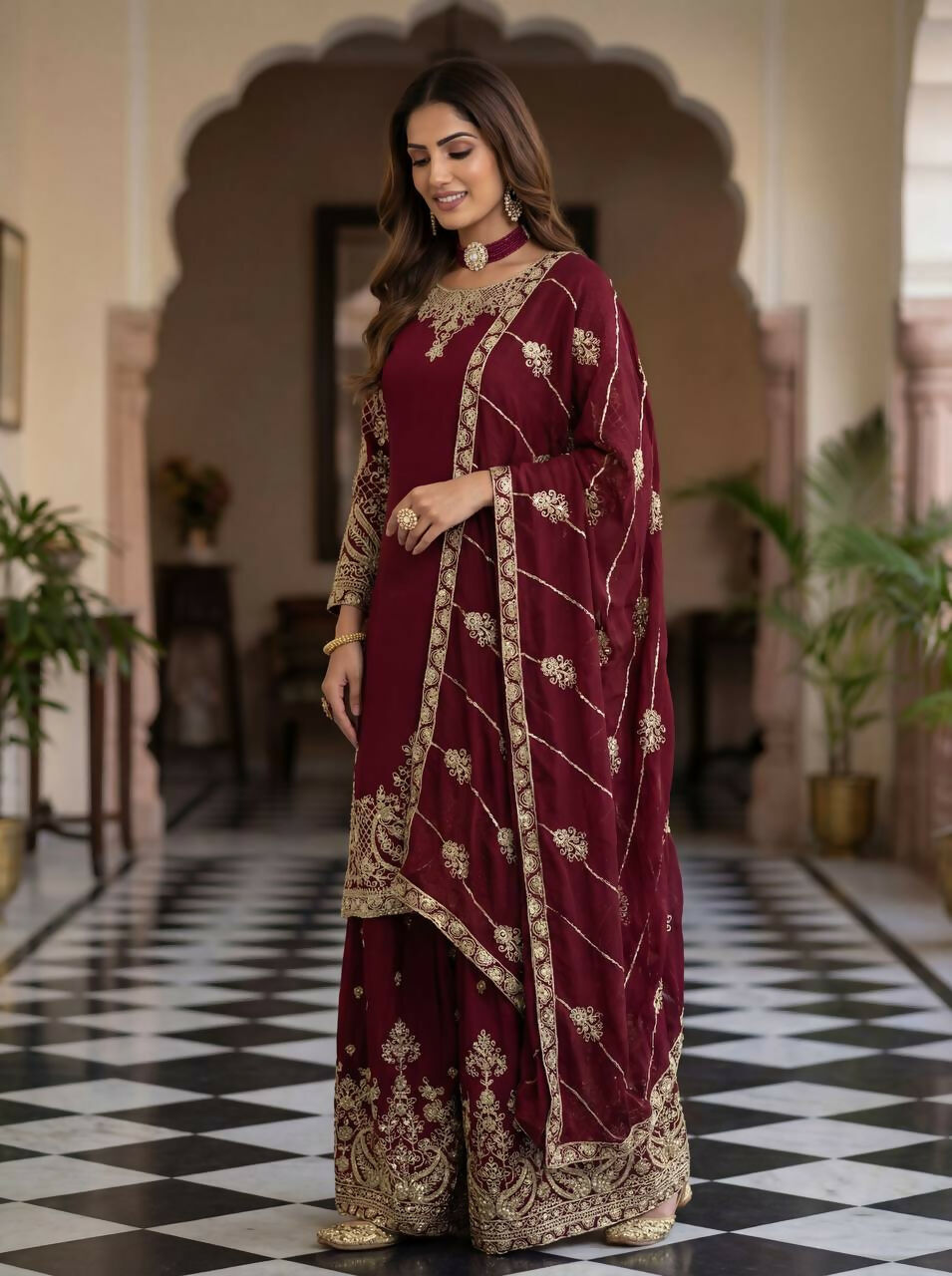 Teeya Creation Maroon Chinon Silk Designer Wedding Wear Embroidery Work Palazzo