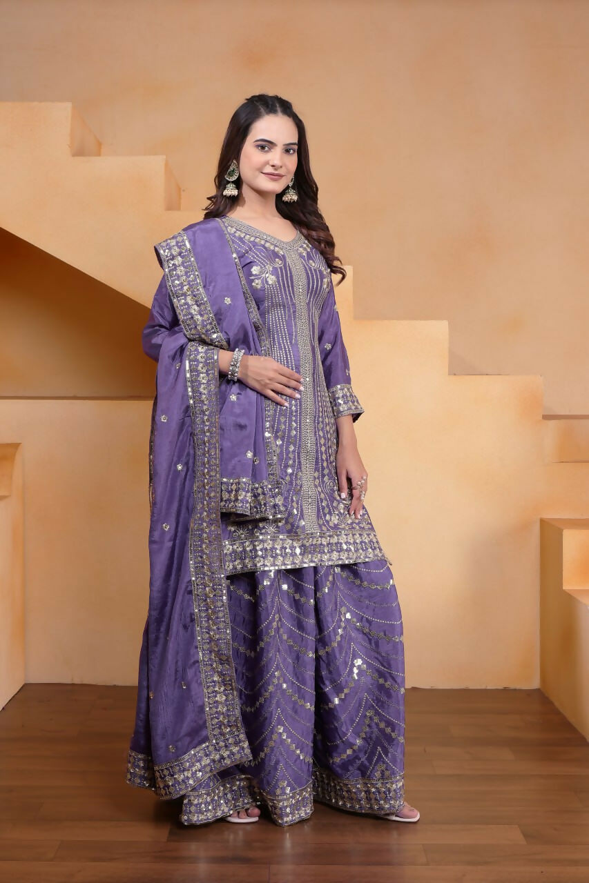 Teeya Creation Lavender Color Chinon Silk Wedding Wear Trending Palazzo Set