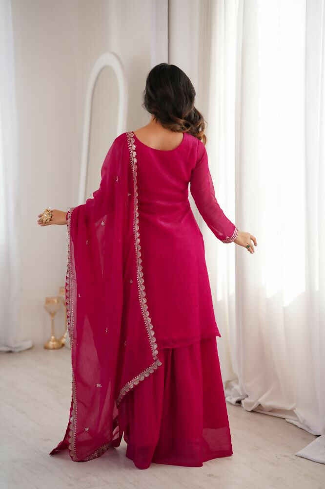 Lehenga Mart Designer Sharara Suit With Kurta, Sharara, Dupatta For Women-Dark Rani