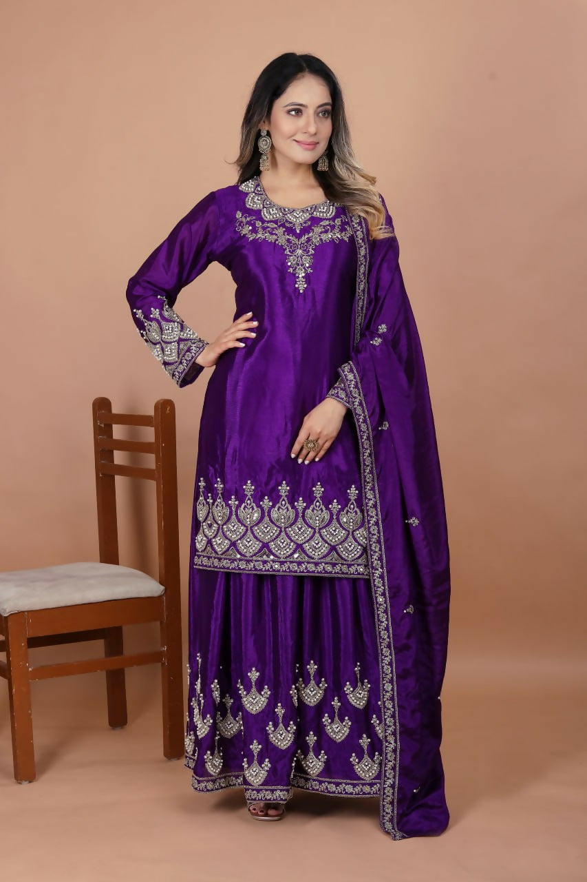 Teeya Creation Purple Chinon Embroidery Work Party Wear Palazzo Suit