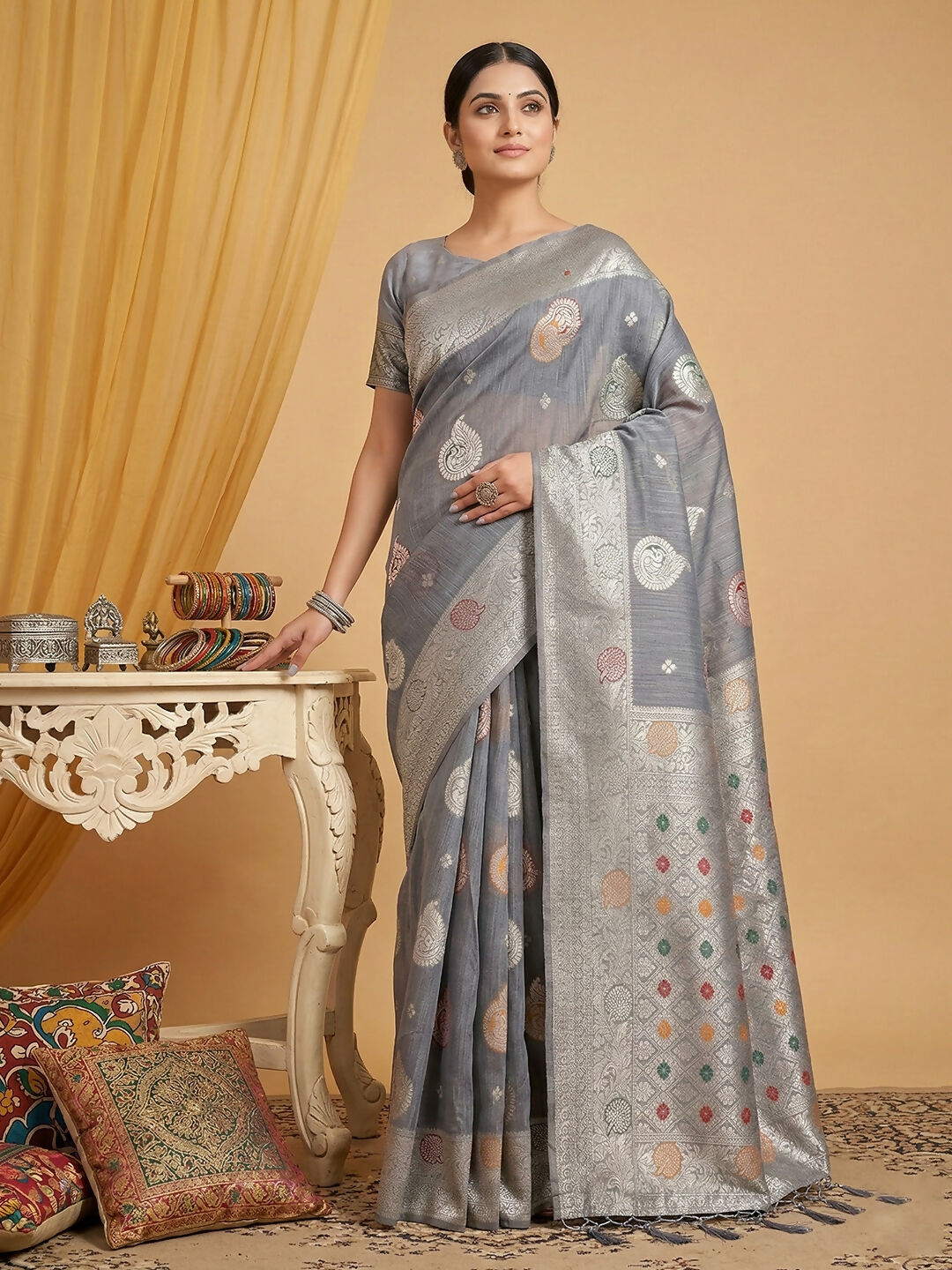 Shree Shyam Fashion Grey Linen Cotton Saree