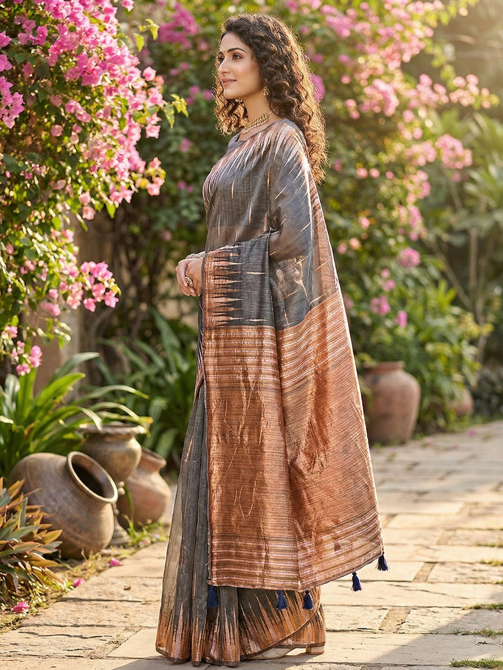 Anaita Grey Linen Woven Work Saree With Blouse