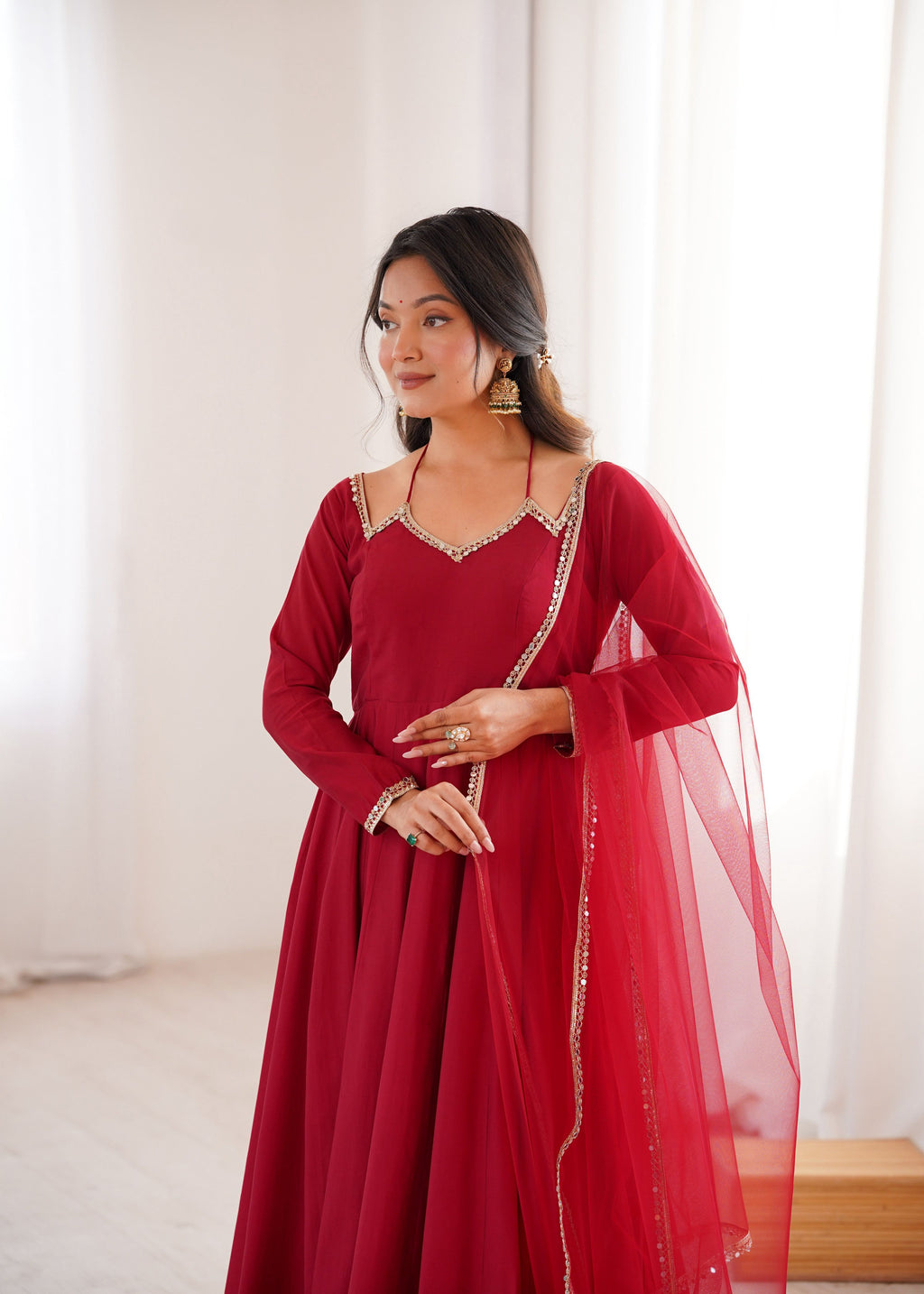 Evanik Women Red Ethnic Anarkali Kurta Set For Festive & Wedding Wear