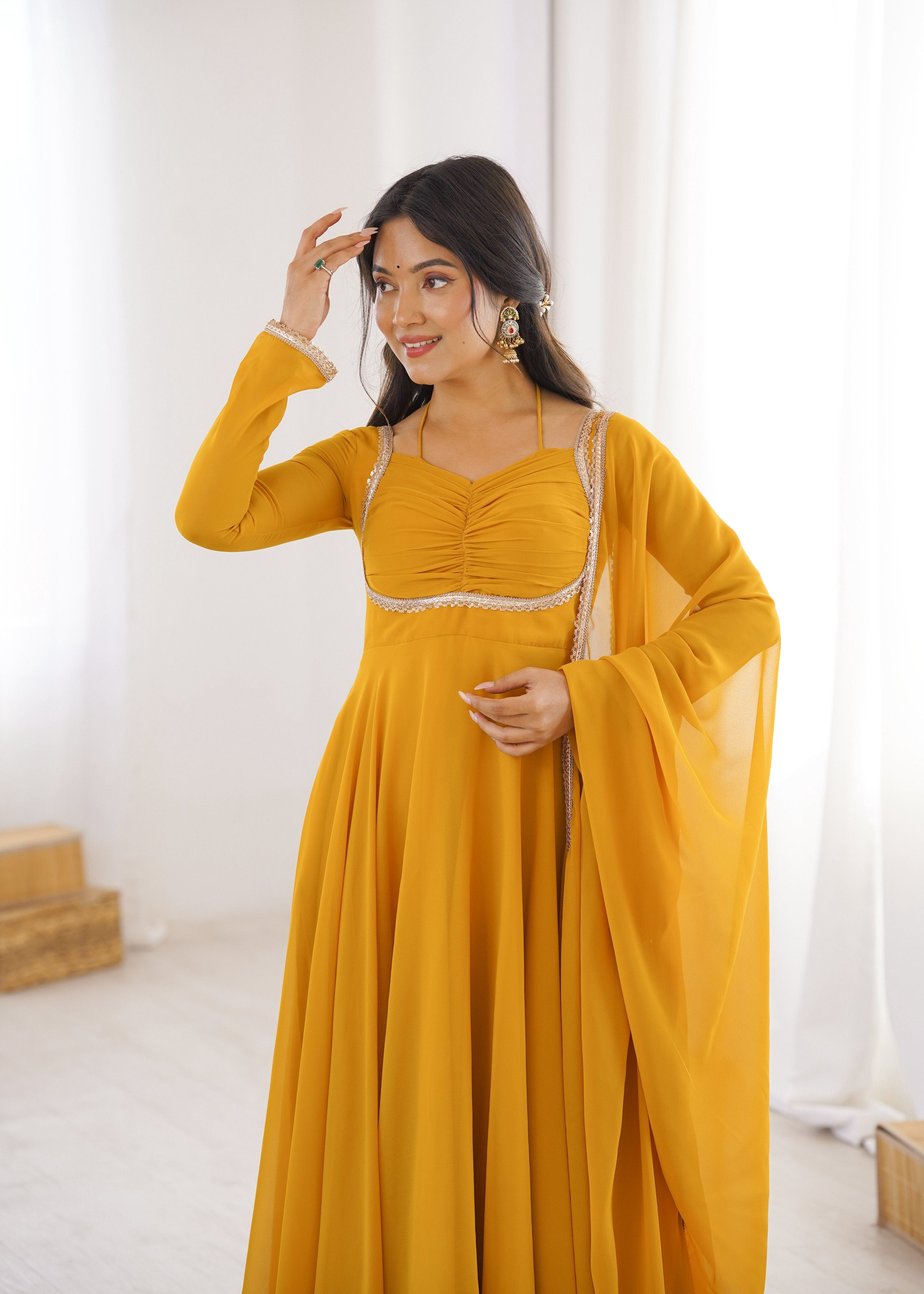 Evanik Yellow Georgette Plain Fully Flair Gown Dupatta