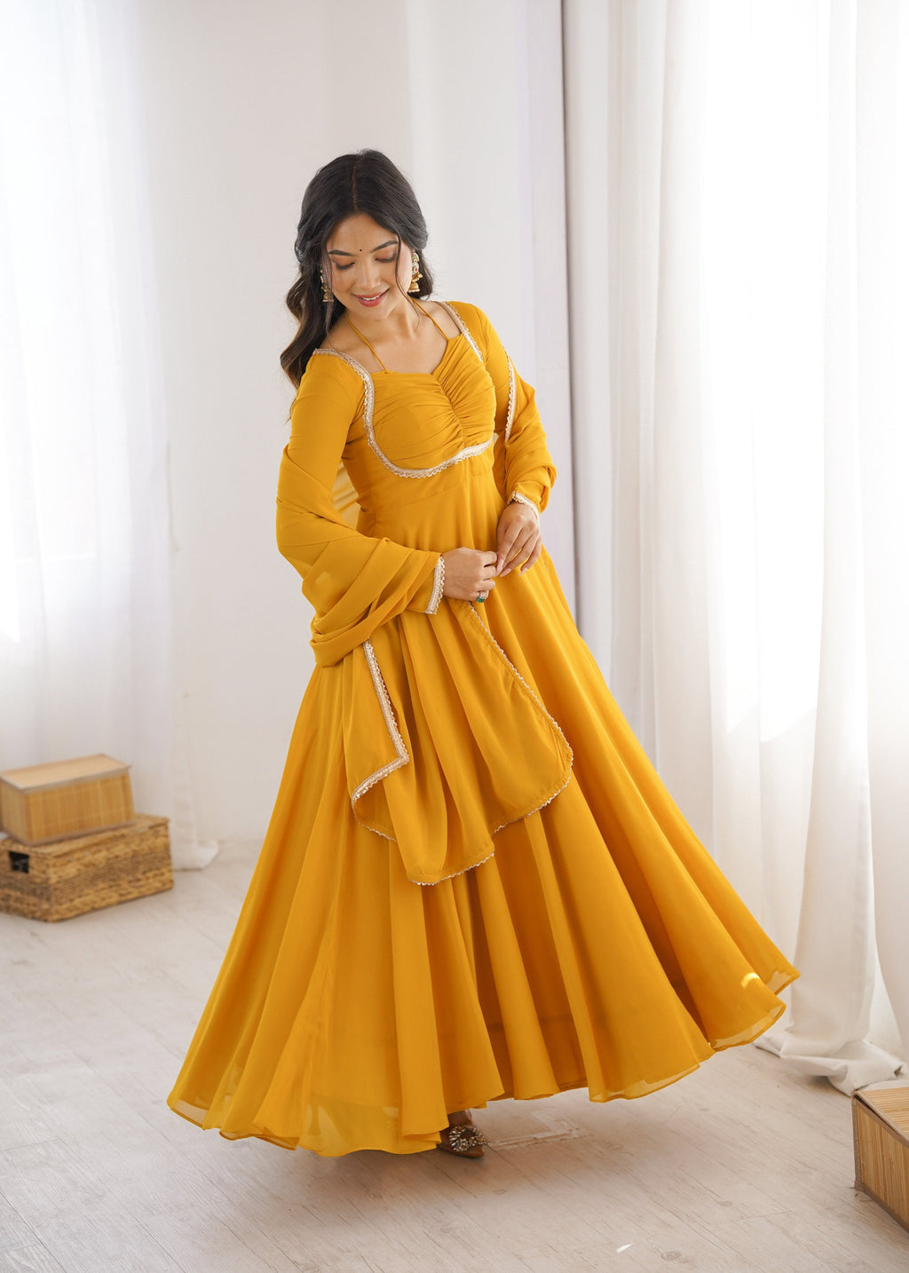 Evanik Yellow Georgette Plain Fully Flair Gown Dupatta