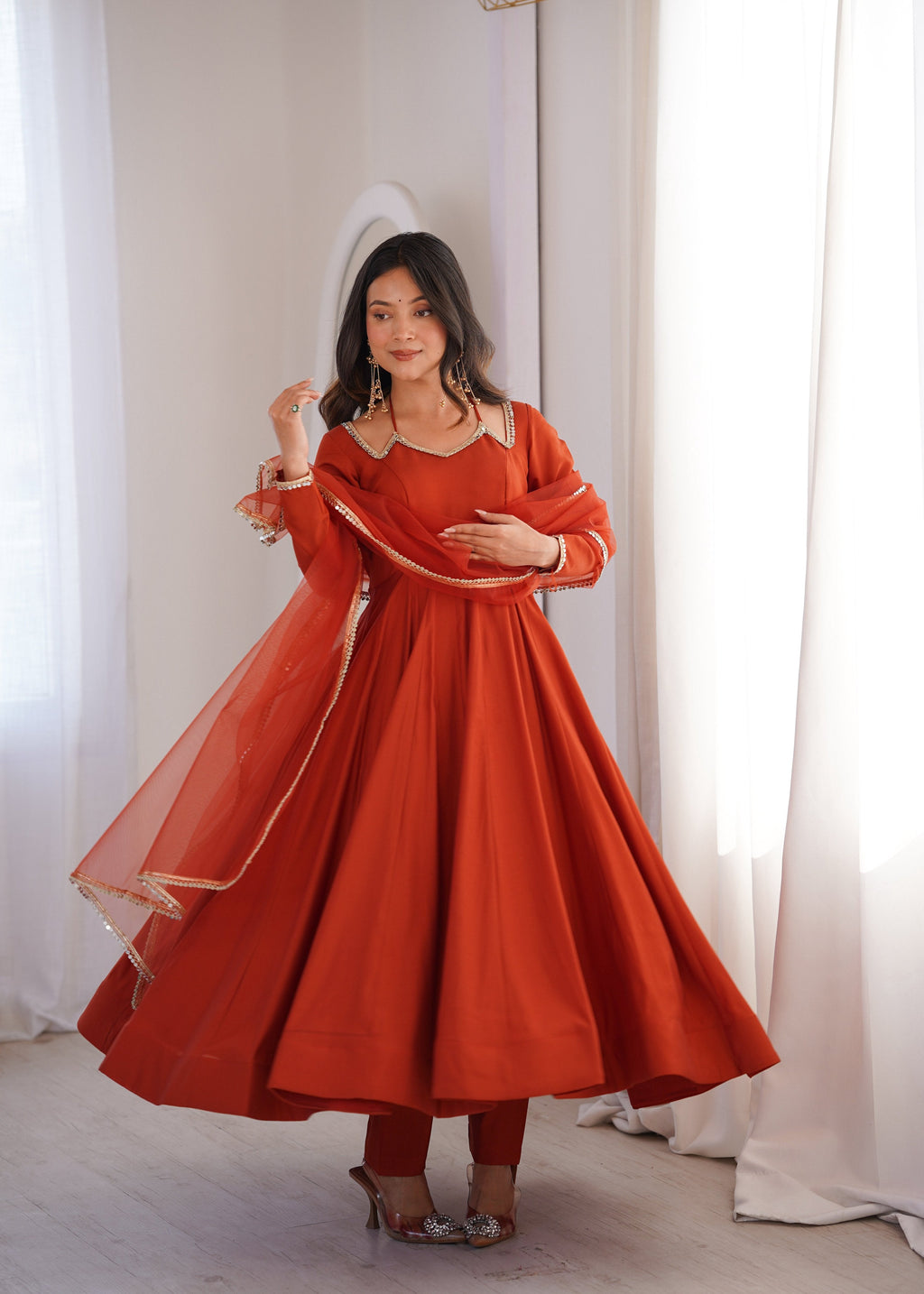 Evanik Women Rust Ethnic Anarkali Kurta Set for Festive & Wedding Wear