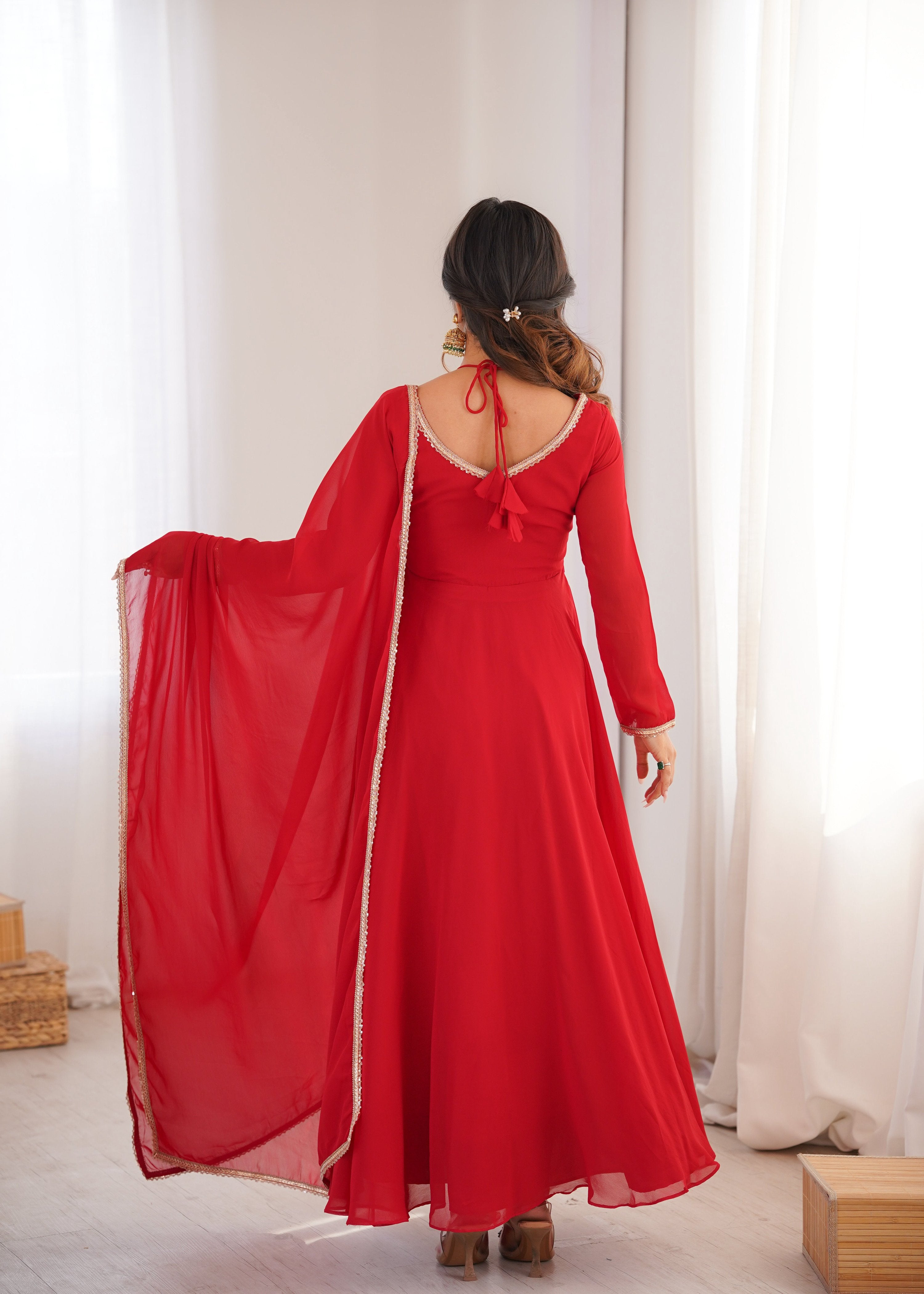 Evanik Red Georgette Plain Fully Flair Gown Dupatta