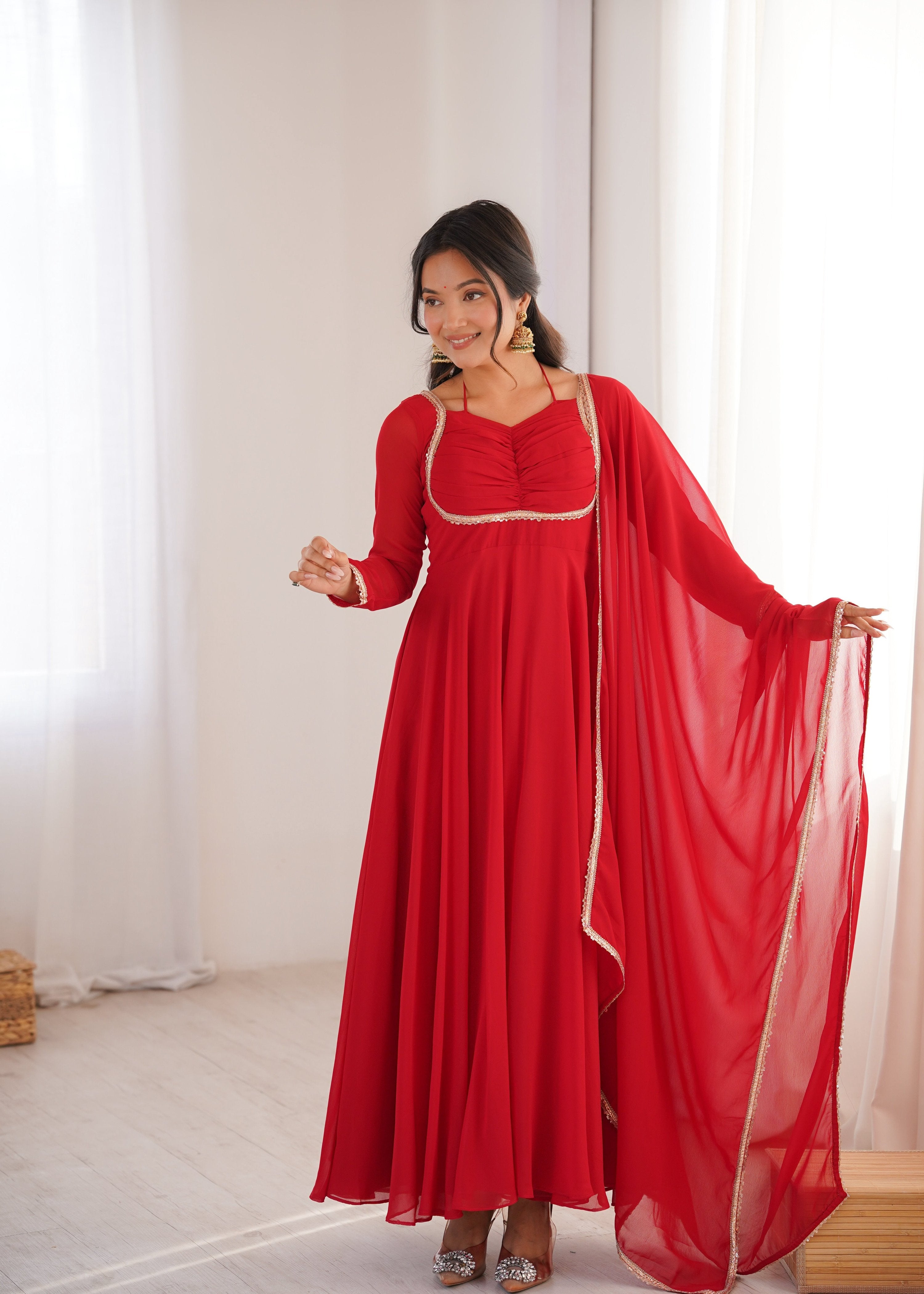 Evanik Red Georgette Plain Fully Flair Gown Dupatta