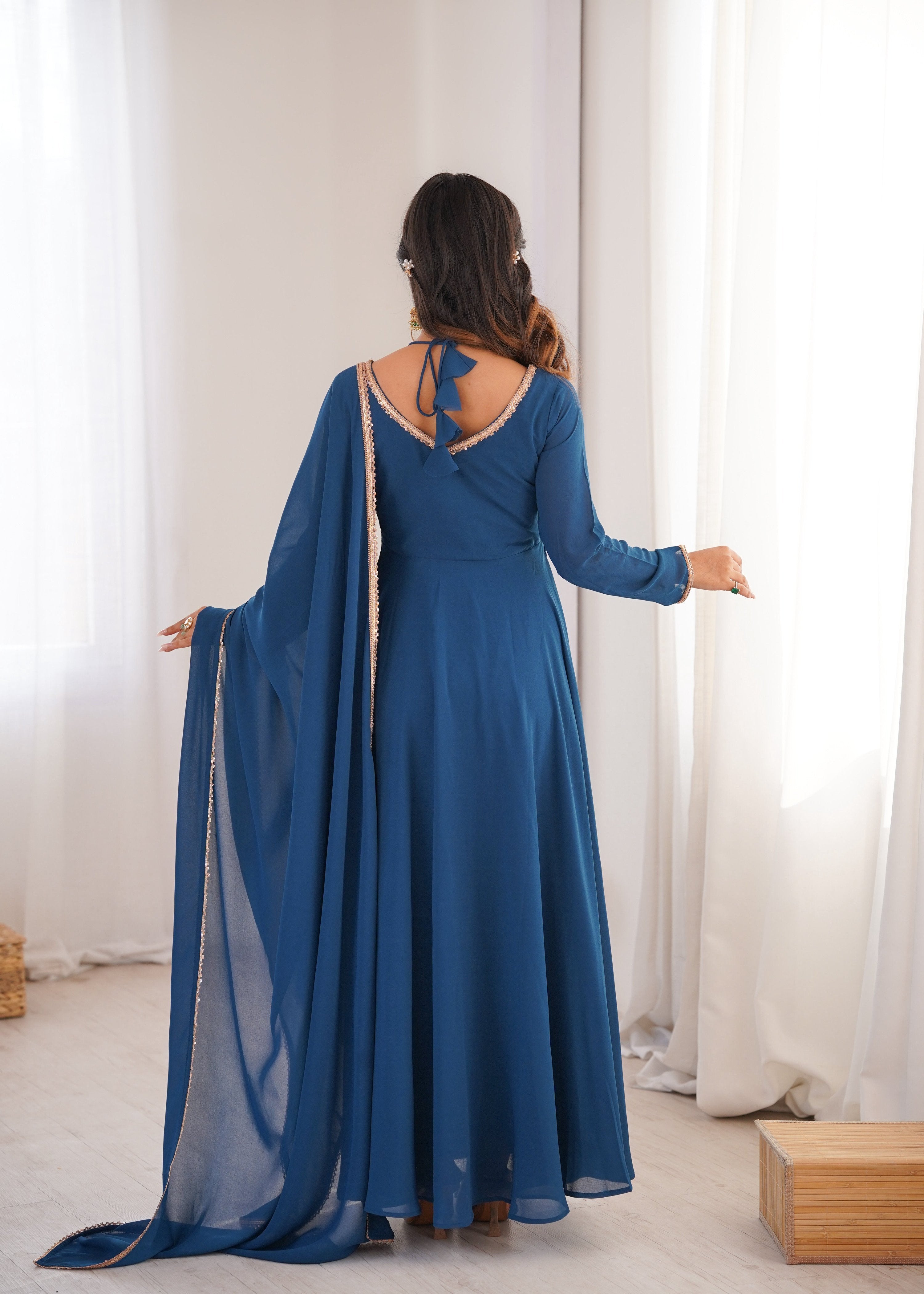 Evanik Teal Georgette Plain Fully Flair Gown Dupatta
