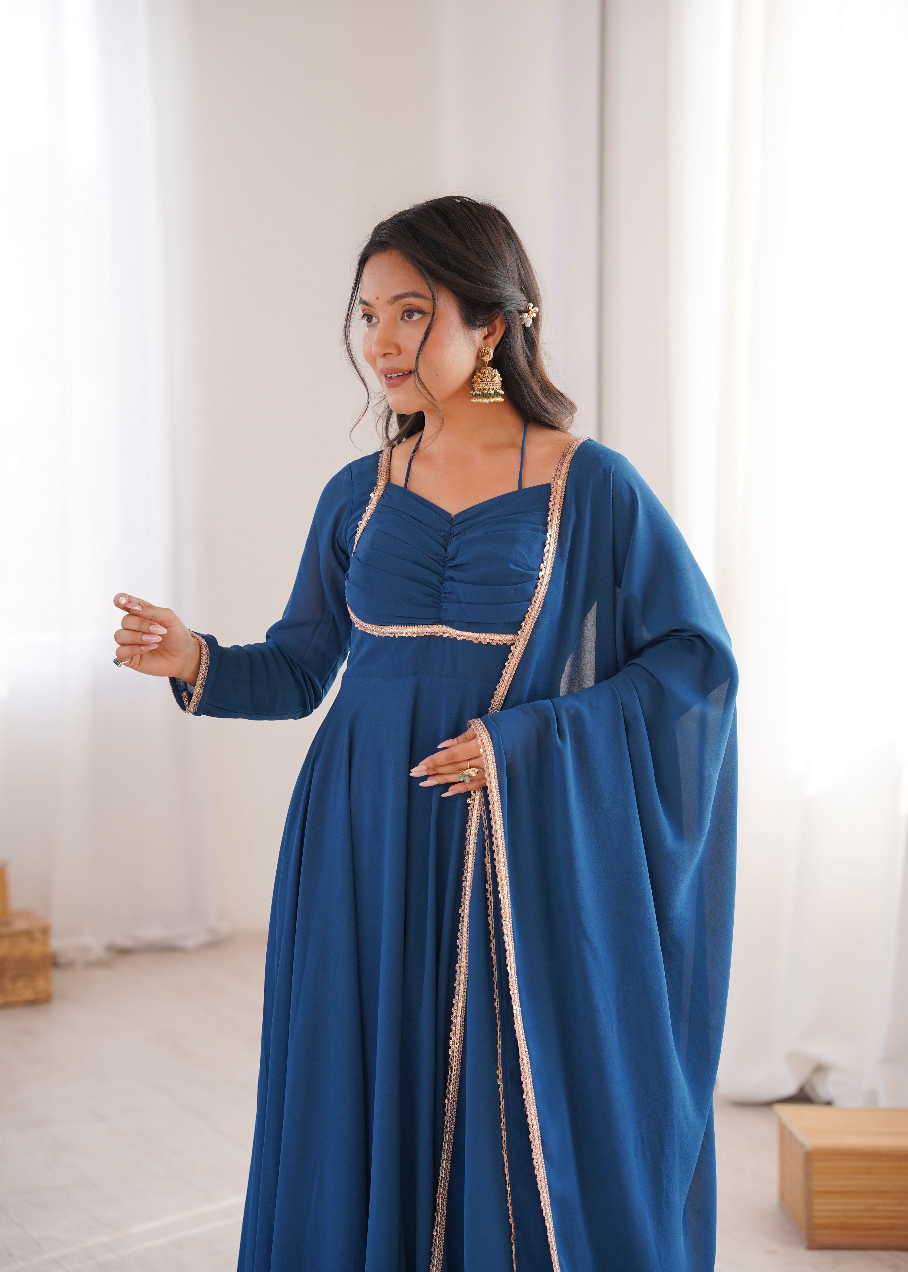 Evanik Teal Georgette Plain Fully Flair Gown Dupatta