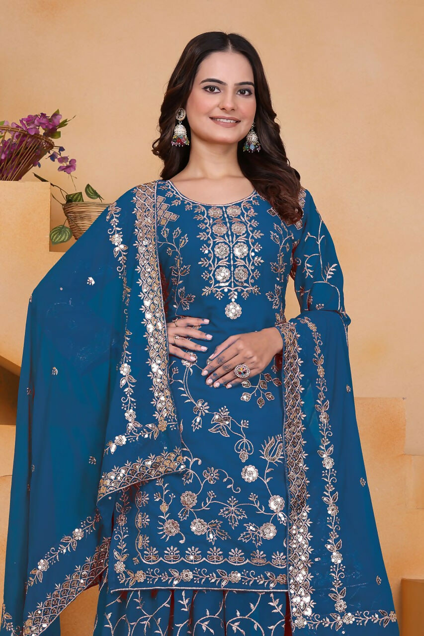 Teeya Creation Blue Color Faux Georgette Embroidery Work Wedding Wear Palazzo Set