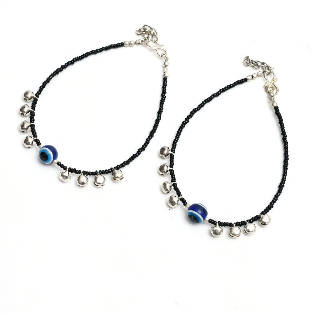 Mominos Fashion Kamal Johar Nazariya Silver/Black Anklets