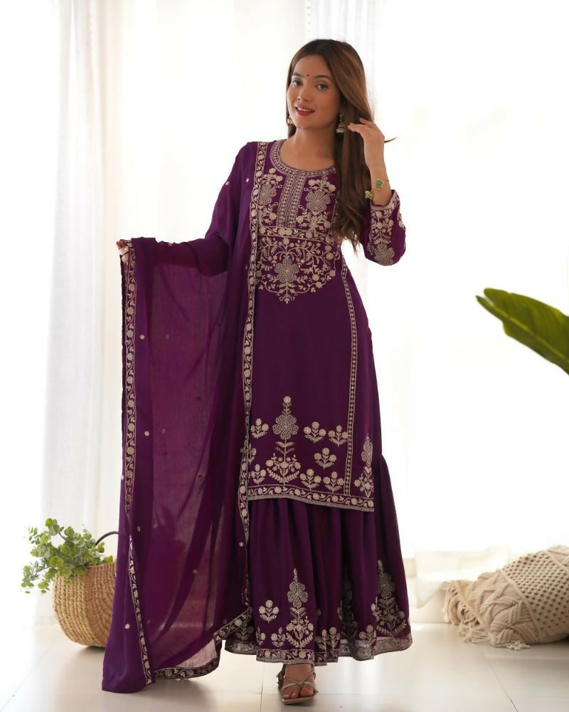 Lehenga Mart Designer Sharara Suit With Kurta, Sharara, Dupatta For Women-Purple