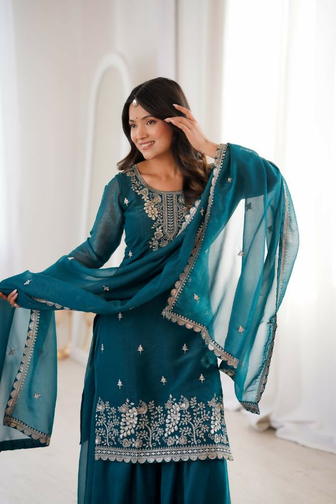 Lehenga Mart Designer Sharara Suit With Kurta, Sharara, Dupatta For Women-Teal Blue
