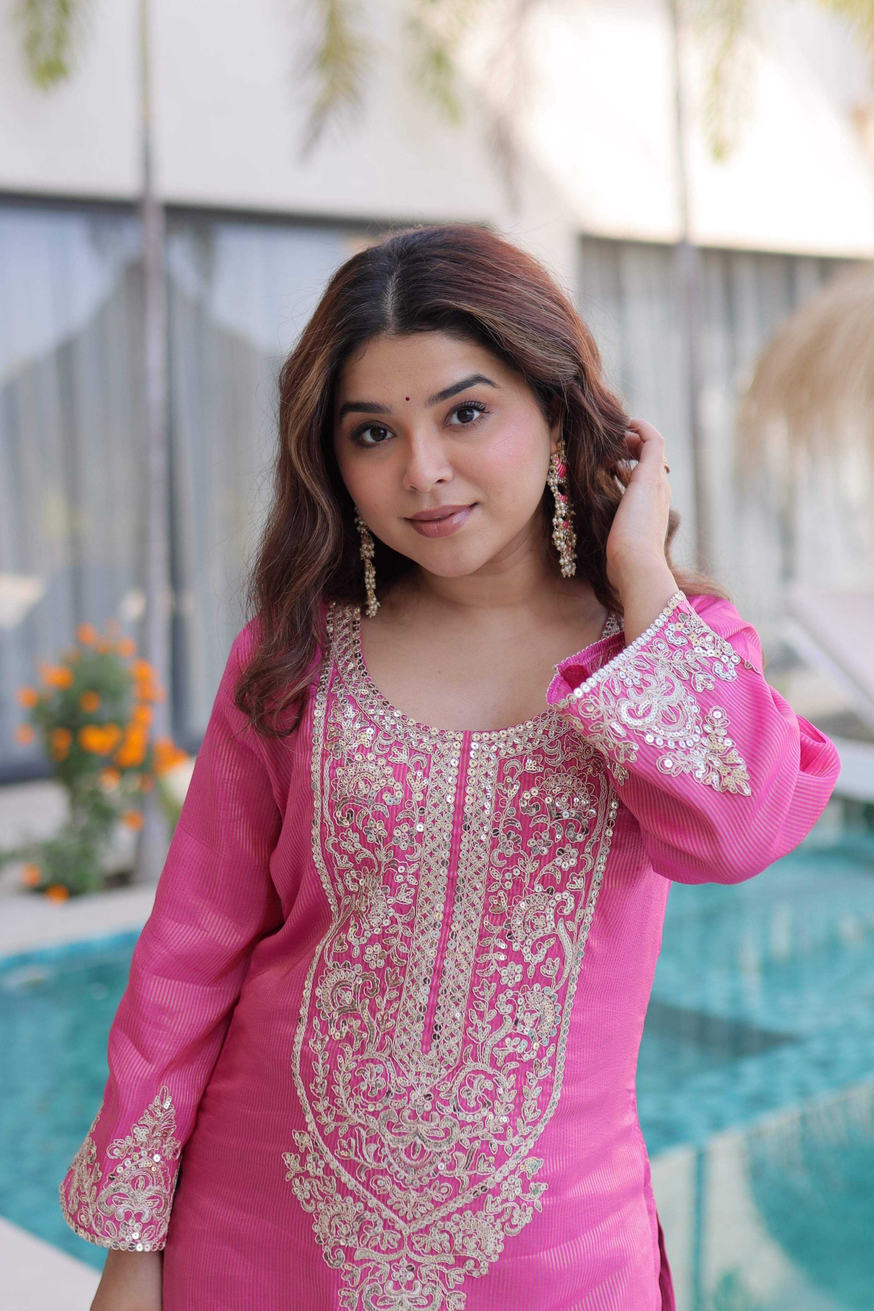 Jyoti Fashion Pink Viscose Embroidered Designer Kurta Set with Batwa