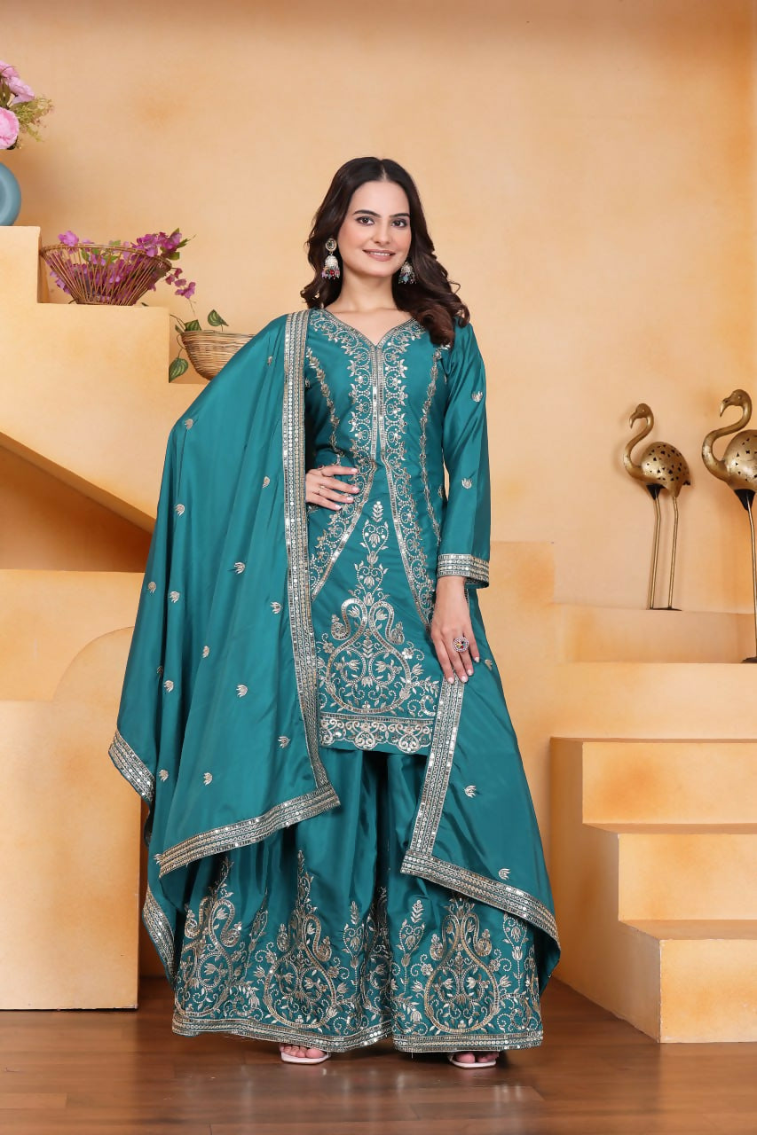 Teeya Creation Teal Color Natural Crepe Silk Wedding Wear Trending Palazzo Set