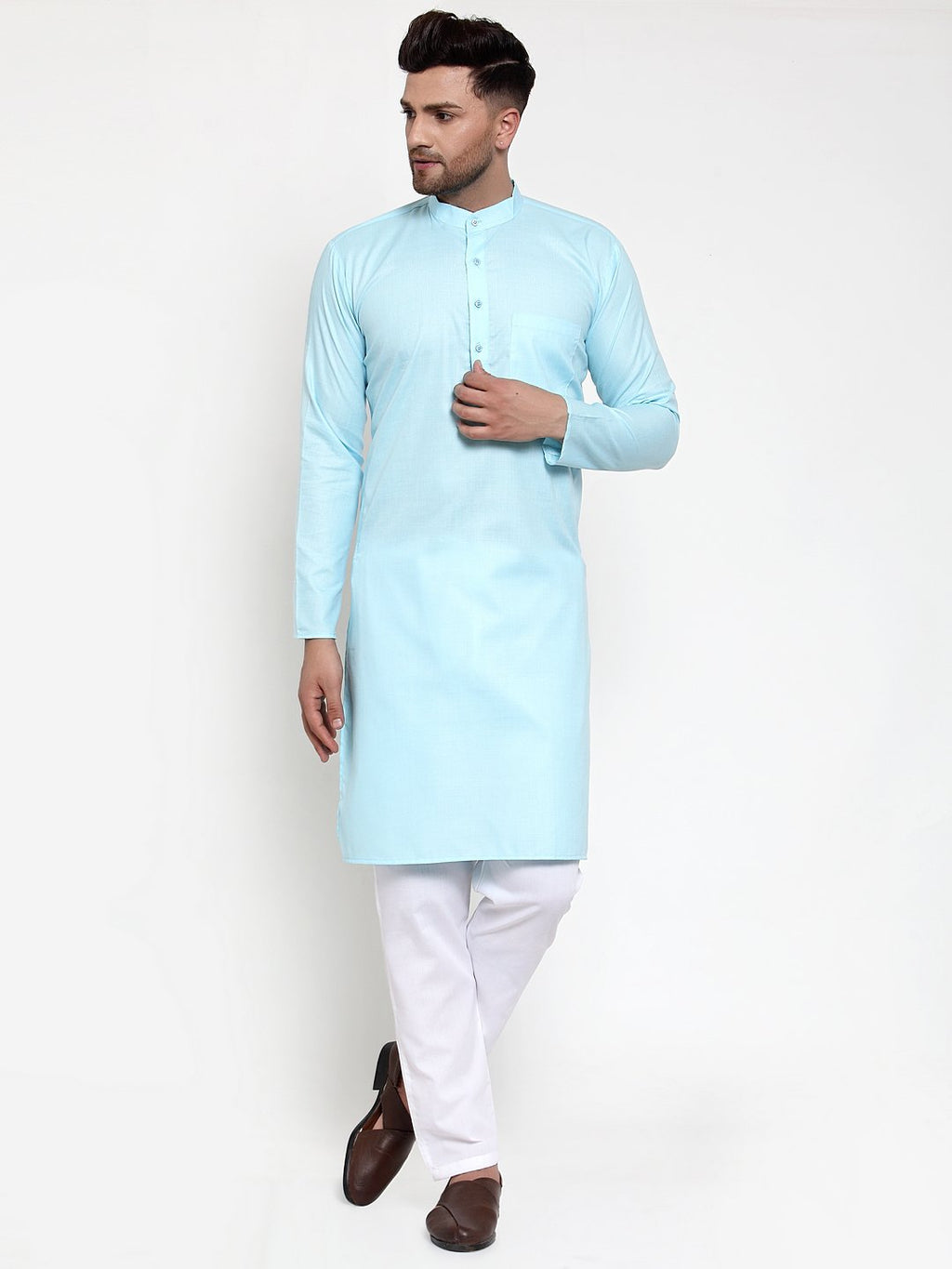 Jompers Men Sky-Blue & White Solid Kurta Only