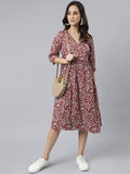 Janasya Women's Maroon Cotton Floral Printed Angrakha Western Dress