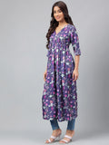 Janasya Women's Navy Blue Satin Digital Floral Printed Casual Gathered Kurta