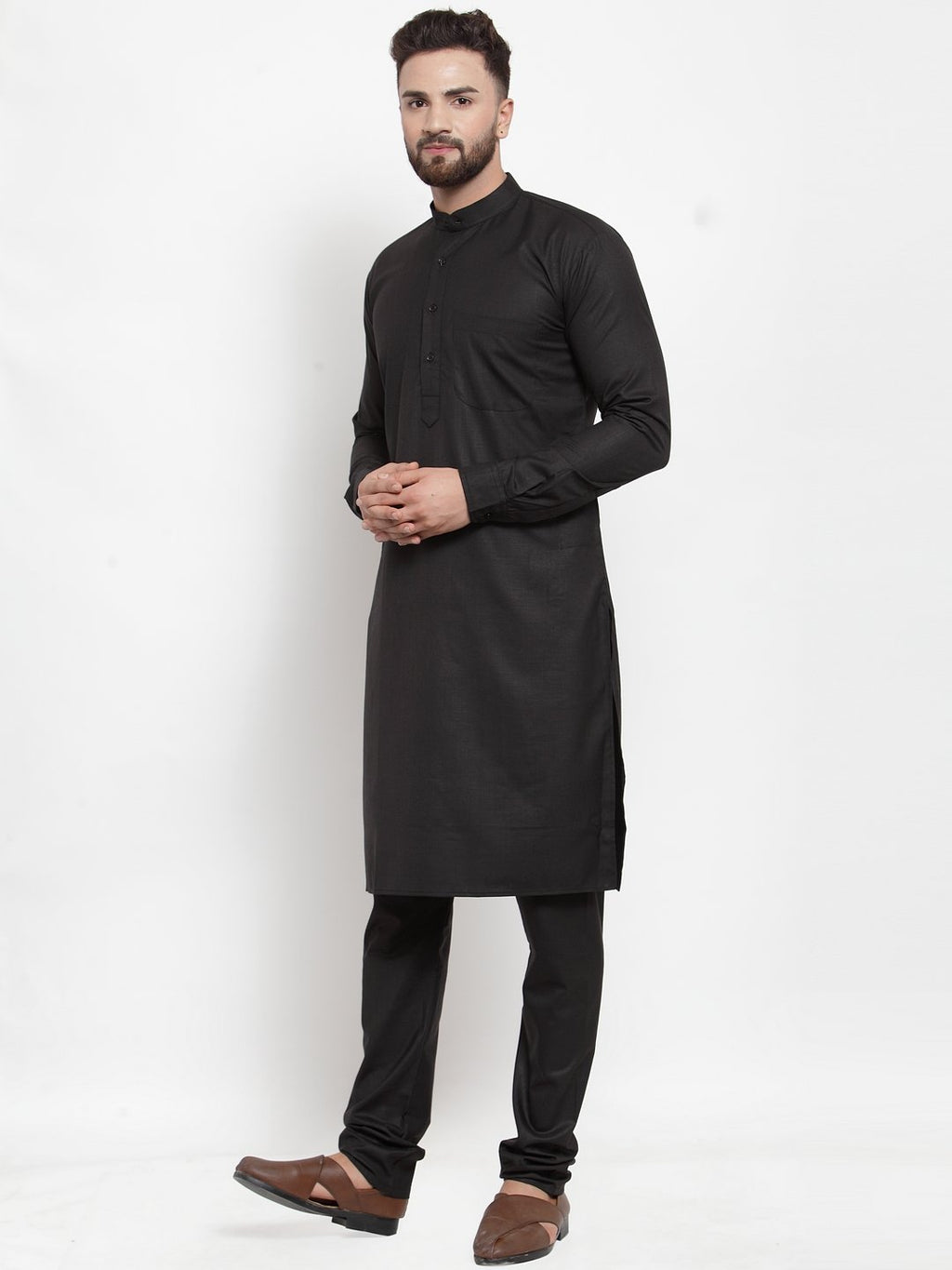 Jompers Men Black Solid Mandarin Collar Kurta with Churidar